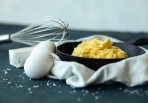 Scrambled eggs in cast iron skillet