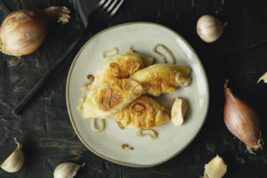 Roasted Garlic Pierogies made from Thanksgiving leftovers
